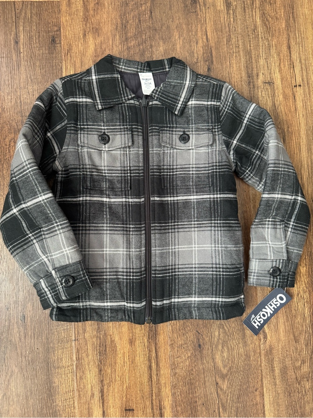OshKosh B'gosh Black & Gray Plaid Zip-Up Jacket, Size 3T NWT